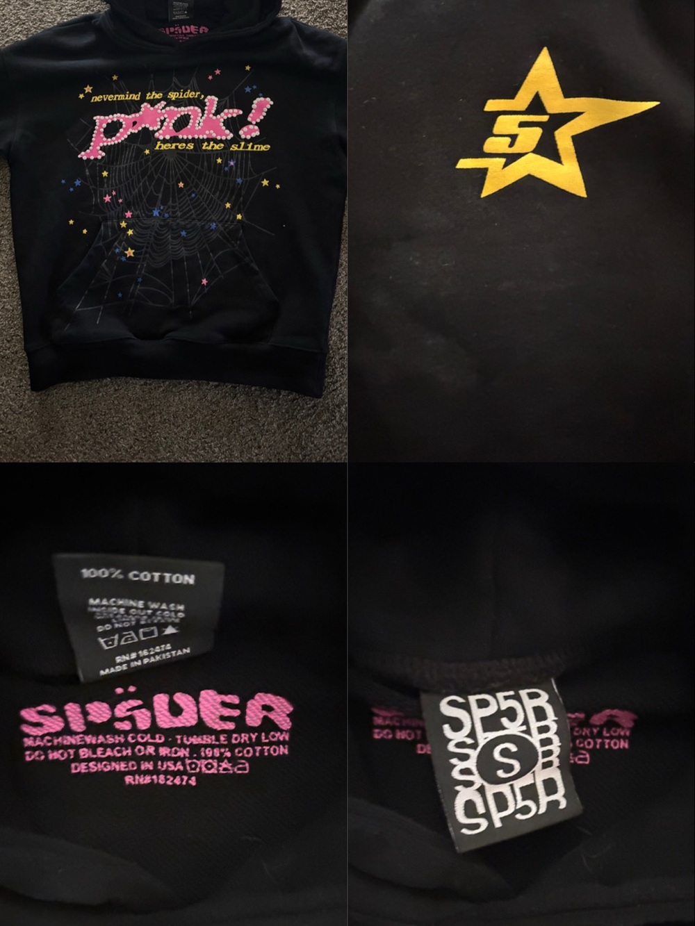 popular P*nk sp5der hoodie black v1 men’s size small